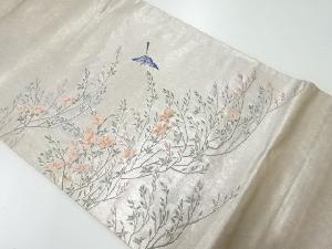 アンティーク　プラチナ箔枝花に鳥模様織出し袋帯（材料）